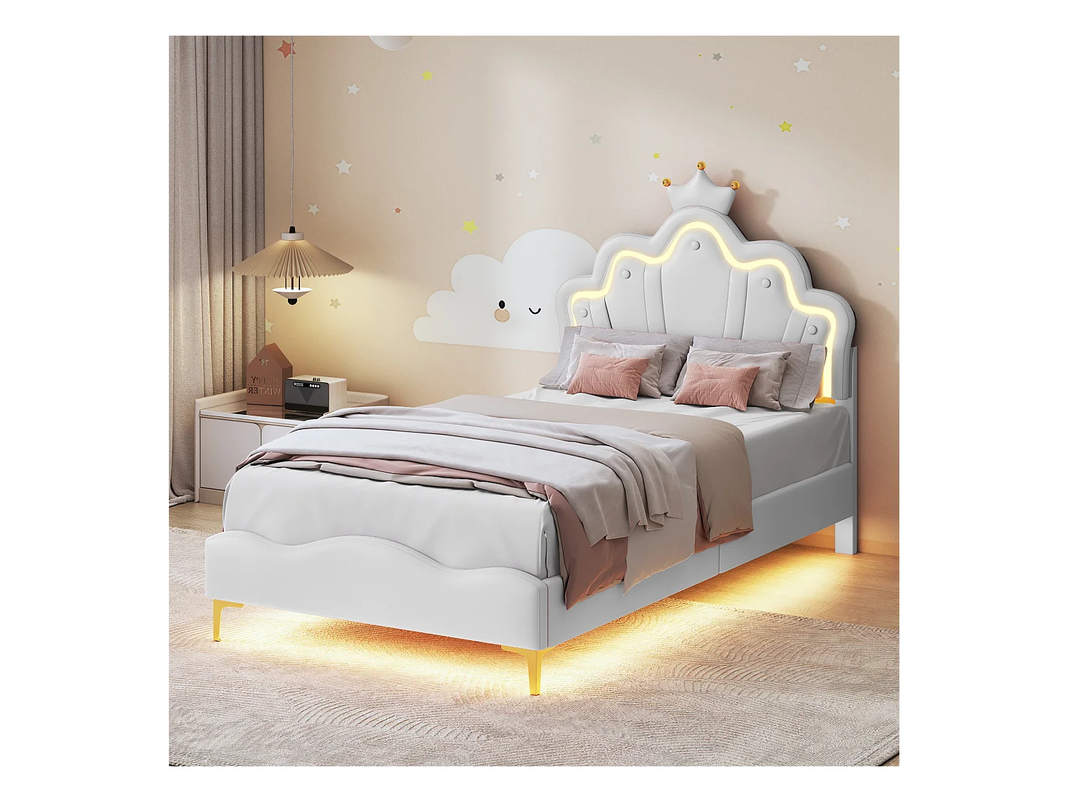 90 * 200cm lit double plat, lit de princesse en forme de couronne, intérieur en cuir pu souple, bande lumineuse d'ambiance LED réglable, blanc
