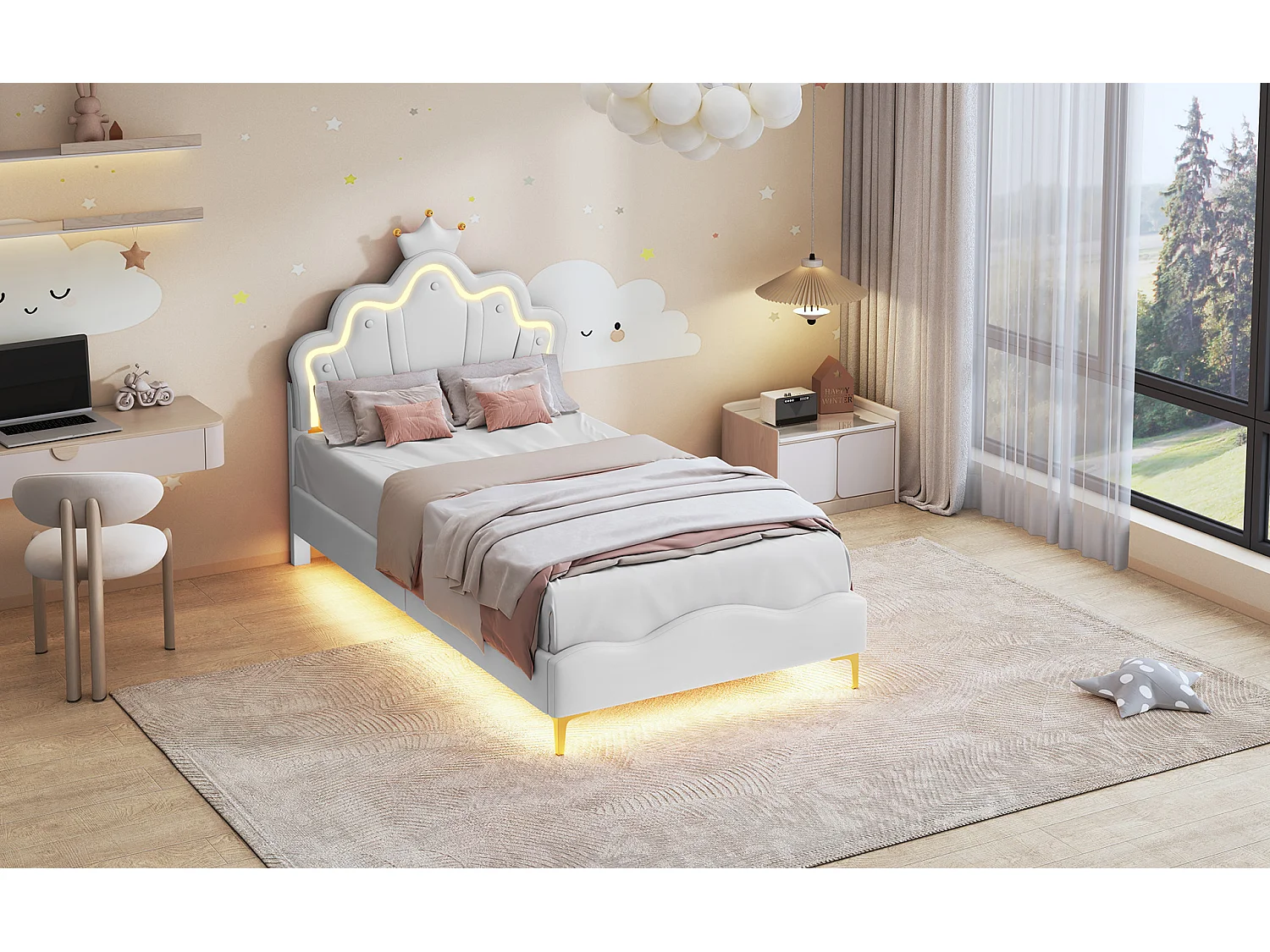 90 * 200cm lit double plat, lit de princesse en forme de couronne, intérieur en cuir pu souple, bande lumineuse d'ambiance LED réglable, blanc