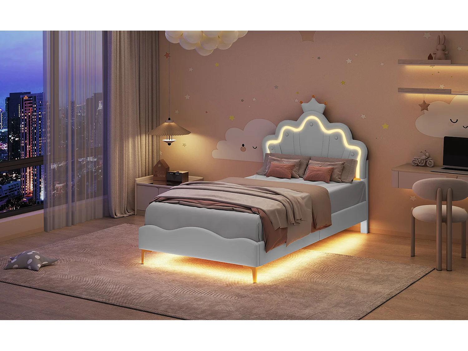 90 * 200cm lit double plat, lit de princesse en forme de couronne, intérieur en cuir pu souple, bande lumineuse d'ambiance LED réglable, blanc