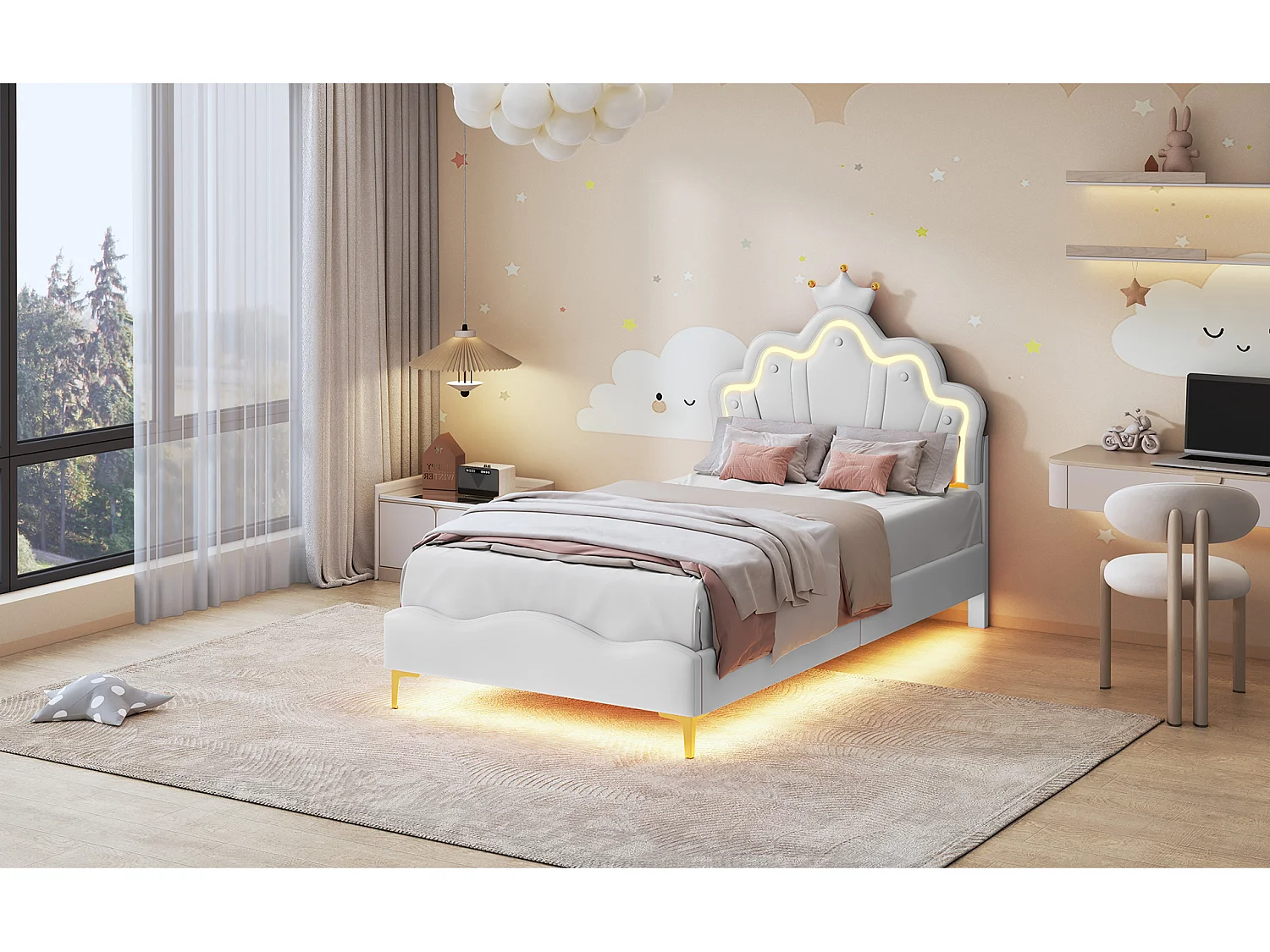 90 * 200cm lit double plat, lit de princesse en forme de couronne, intérieur en cuir pu souple, bande lumineuse d'ambiance LED réglable, blanc
