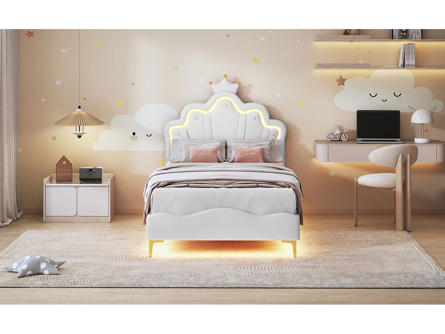 90 * 200cm lit double plat, lit de princesse en forme de couronne, intérieur en cuir pu souple, bande lumineuse d'ambiance LED réglable, blanc