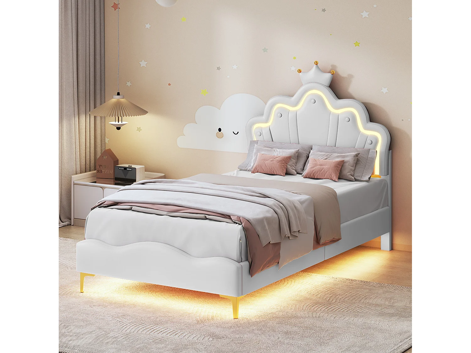 90 * 200cm lit double plat, lit de princesse en forme de couronne, intérieur en cuir pu souple, bande lumineuse d'ambiance LED réglable, blanc