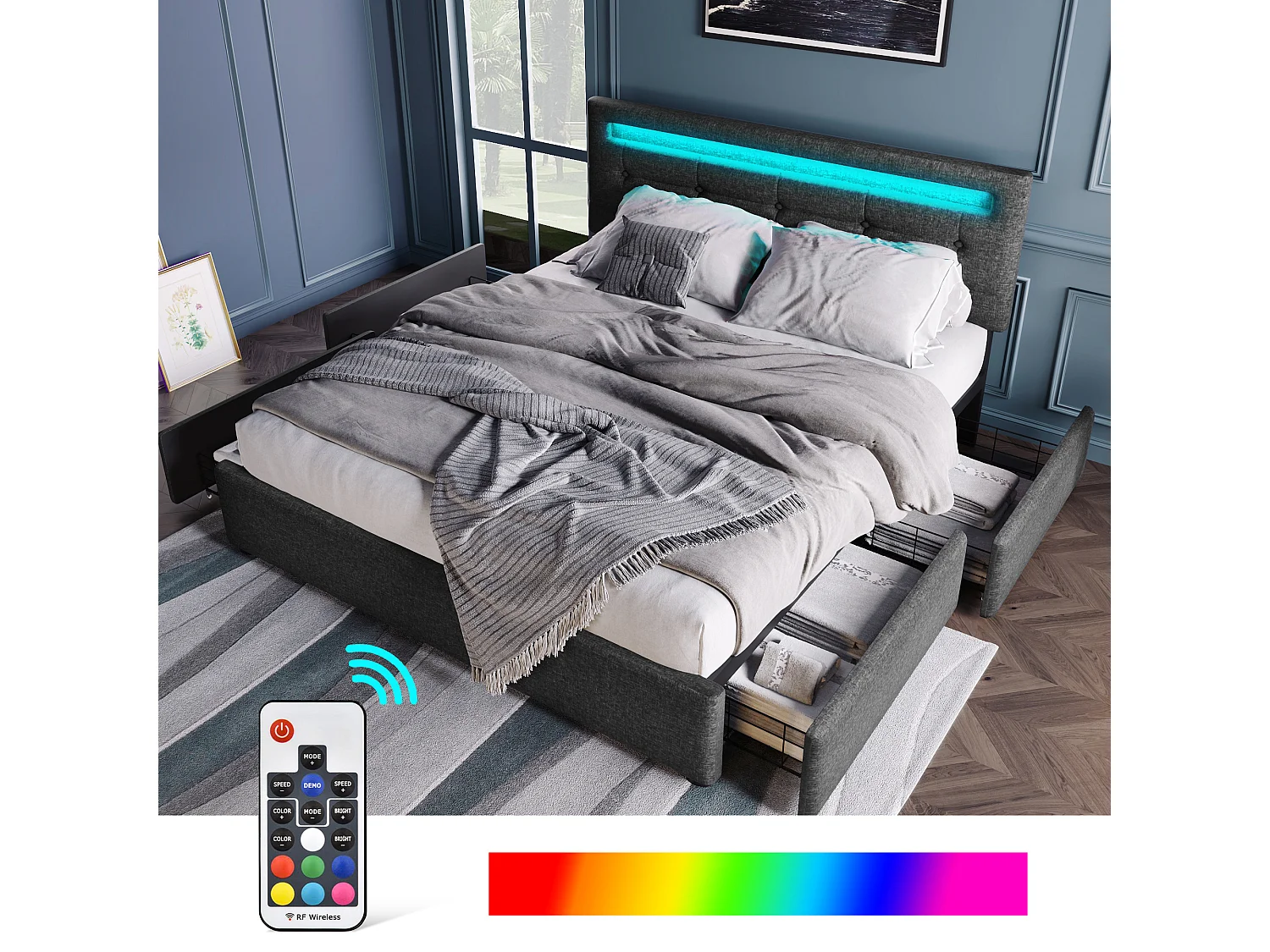 Lit adulte 140x200cm avec 4 tiroirs et LED, tête de lit réglable, lin gris, sans matelas