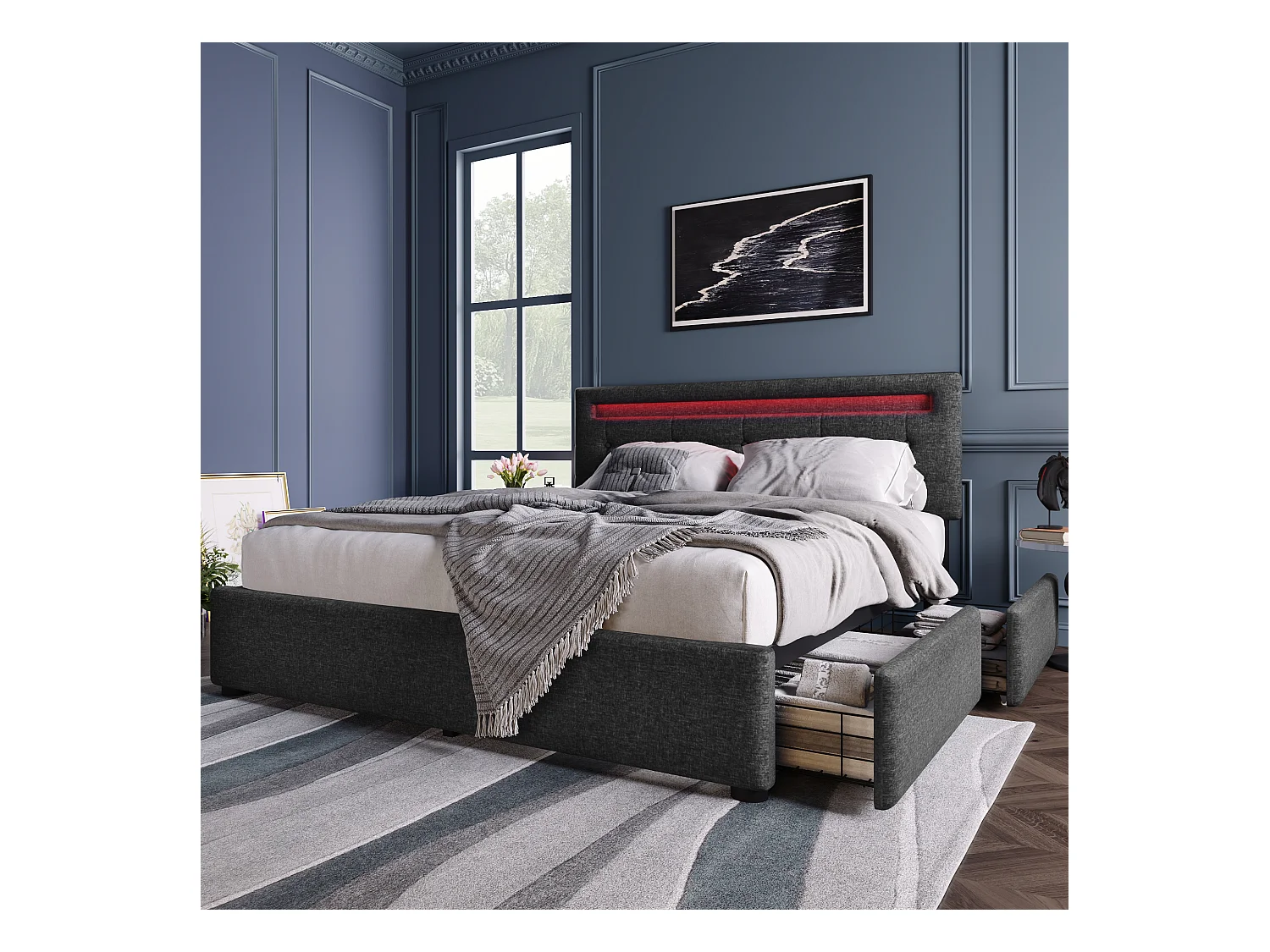 Lit adulte 140x200cm avec 4 tiroirs et LED, tête de lit réglable, lin gris, sans matelas