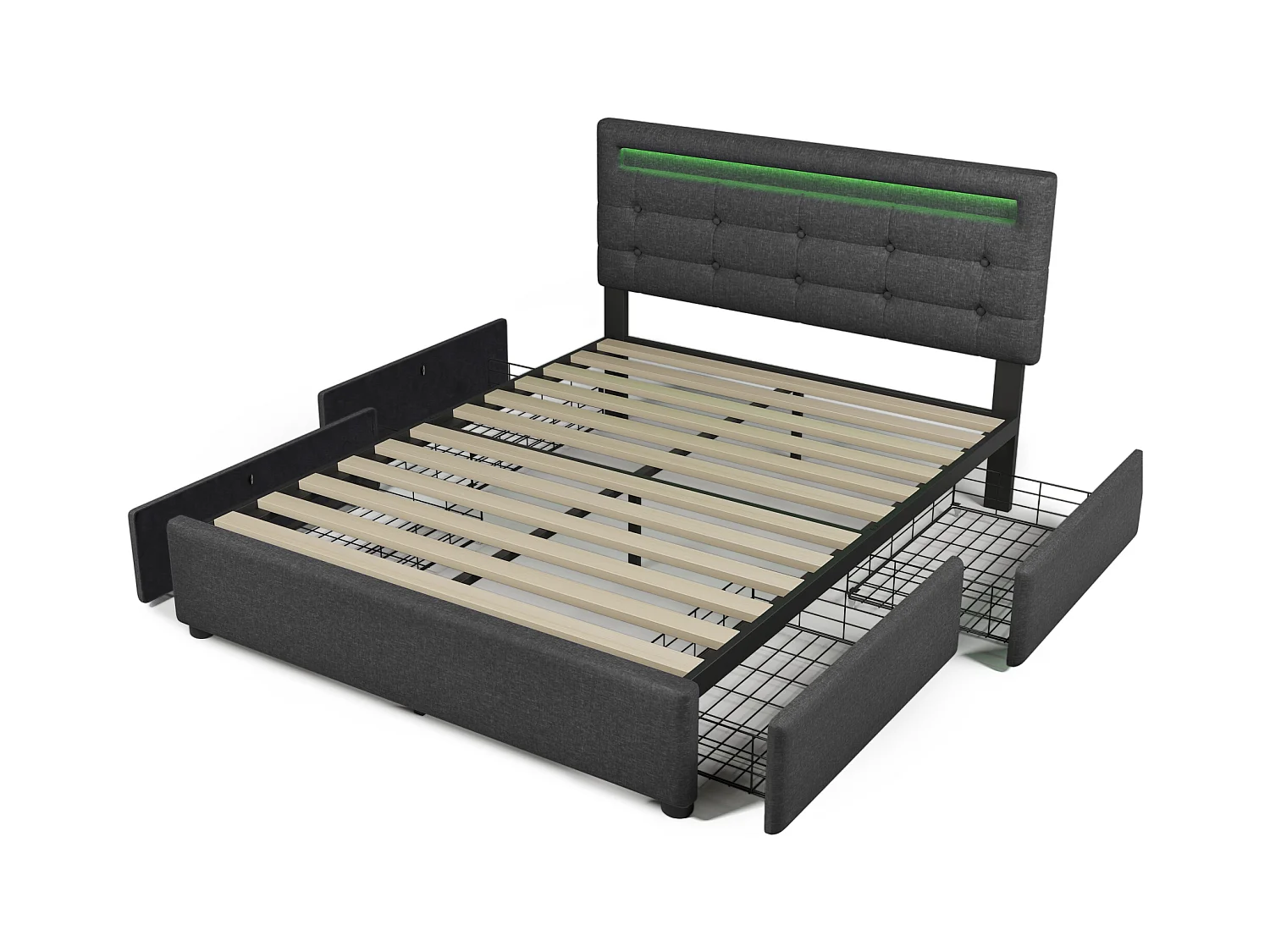 Lit adulte 140x200cm avec 4 tiroirs et LED, tête de lit réglable, lin gris, sans matelas