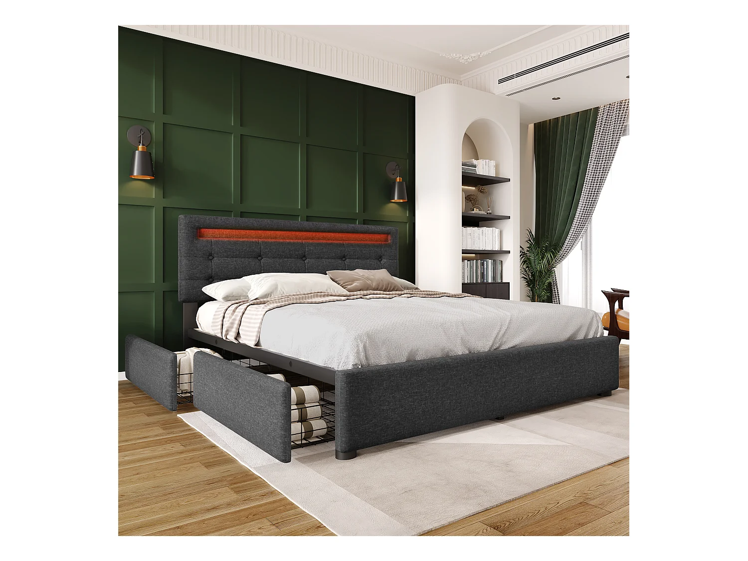 Lit adulte 140x200cm avec 4 tiroirs et LED, tête de lit réglable, lin gris, sans matelas