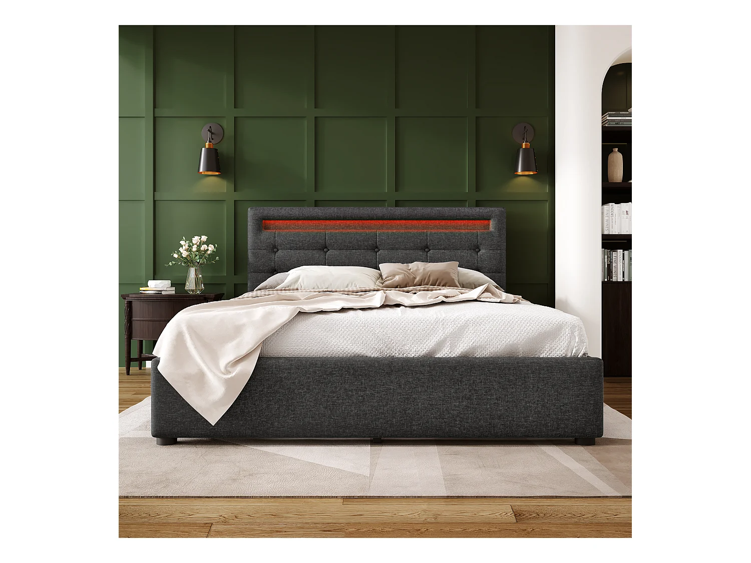 Lit adulte 140x200cm avec 4 tiroirs et LED, tête de lit réglable, lin gris, sans matelas