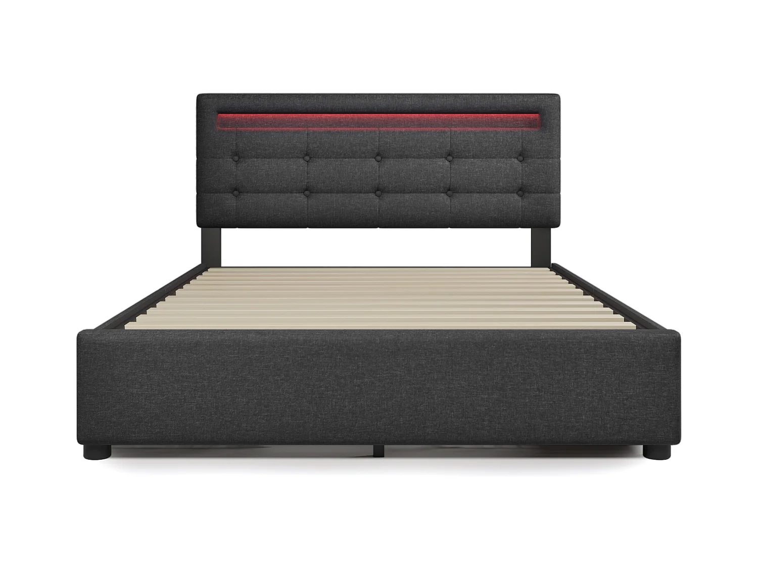 Lit adulte 140x200cm avec 4 tiroirs et LED, tête de lit réglable, lin gris, sans matelas