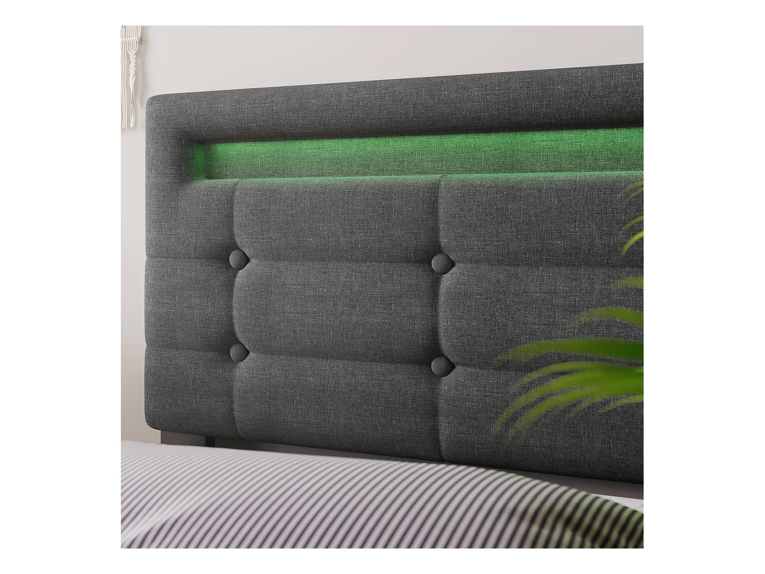 Lit adulte 140x200cm avec 4 tiroirs et LED, tête de lit réglable, lin gris, sans matelas