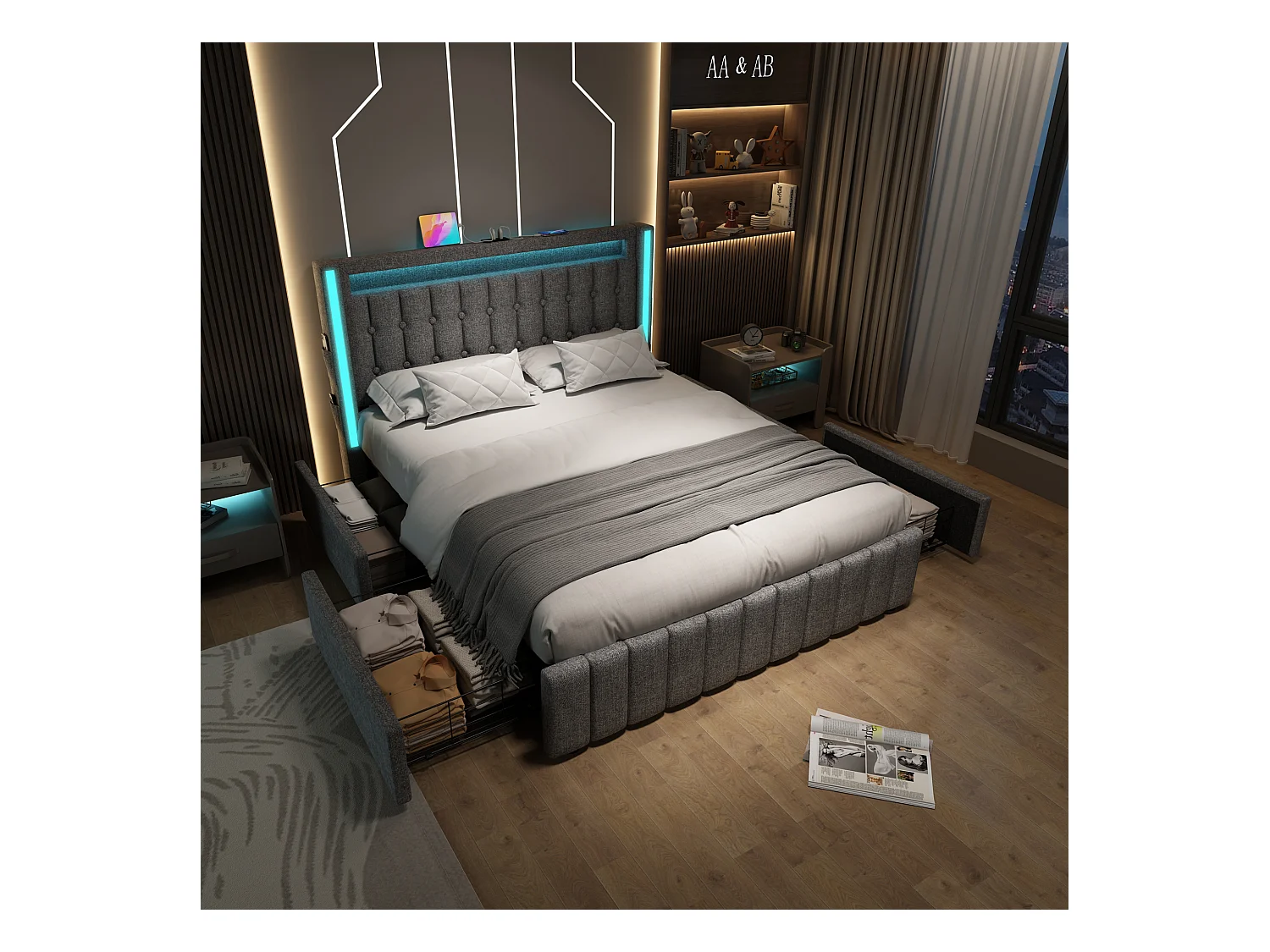 Lit adulte 160x200 cm gris avec 4 tiroirs, port USB et LED, lin, sommier à lattes, sans matelas