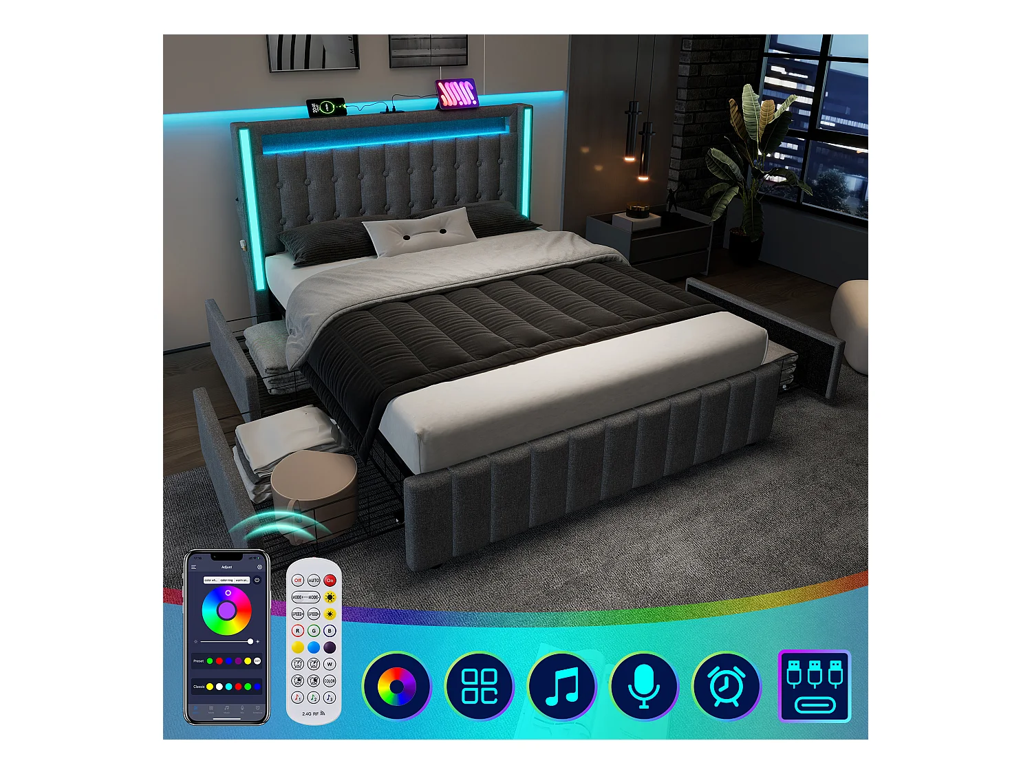 Letto matrimoniale 160x200 cm grigio con 4 cassetti, porta USB e LED, lino, rete a doghe, senza materasso