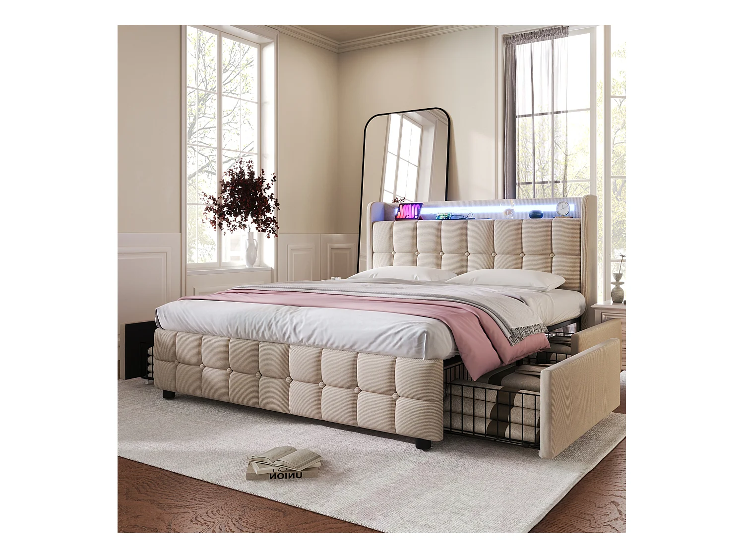 Lit adulte 160x200 cm beige avec 4 tiroirs, port USB et LED, lin, sommier à lattes, sans matelas