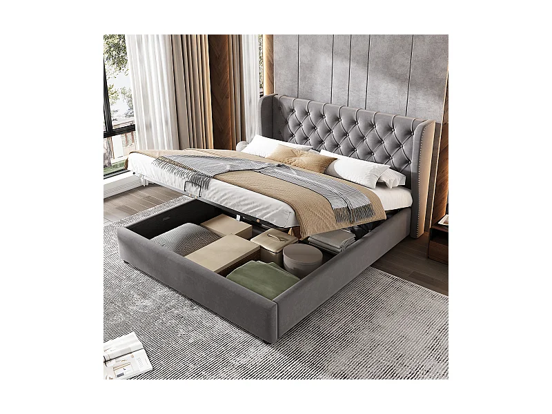Lit rembourré en forme d'oreille,velours,Lit double,140*190,Lit fonctionnel hydraulique avec sommier à lattes et espace de rangement,Gris