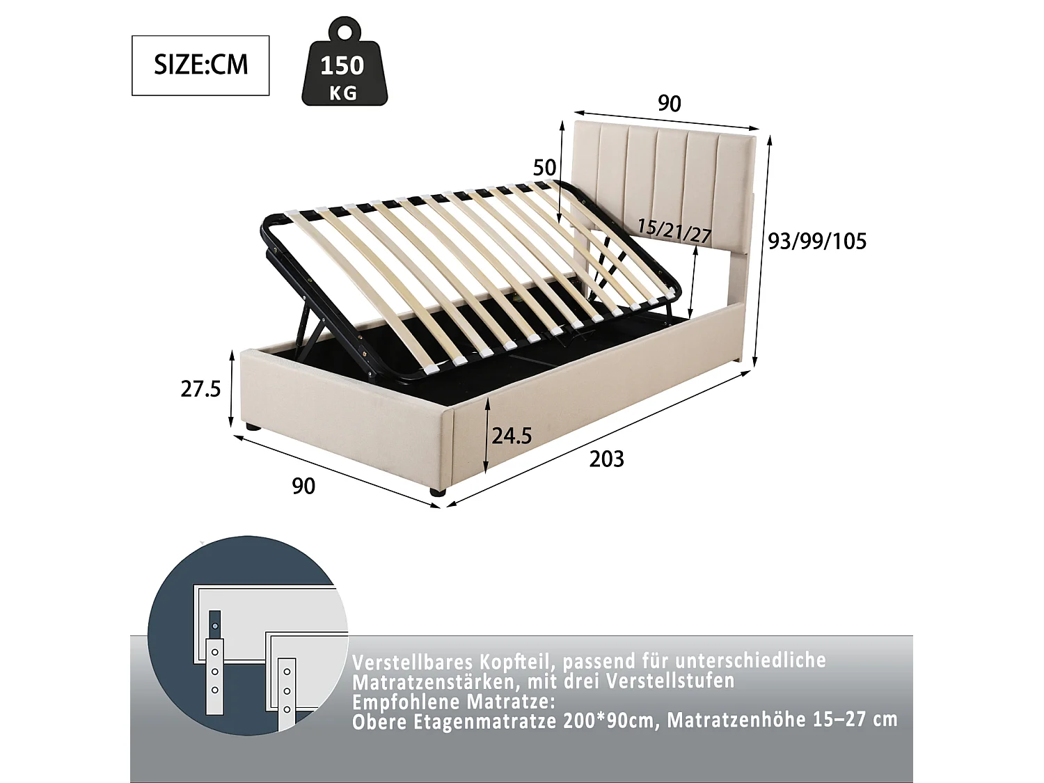 Lit enfant lit rembourré 90x200 cm, lit de rangement hydraulique, lit mezzanine en lin, beige
