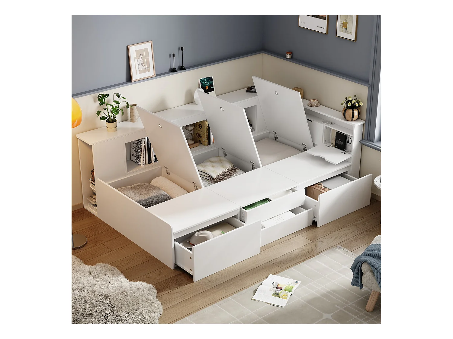 Lit d'enfant, 90 * 200cm, lit simple, lit d'enfant multifonctionnel avec tiroirs, étagères et casiers, boîte de lit avec rangement, sans matelas, blanc