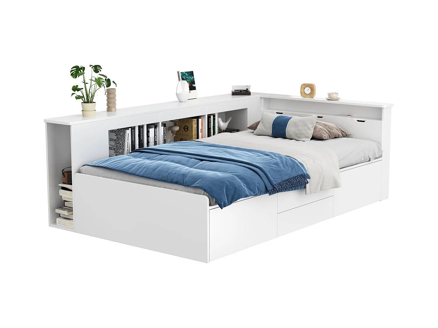 Lit d'enfant, 90 * 200cm, lit simple, lit d'enfant multifonctionnel avec tiroirs, étagères et casiers, boîte de lit avec rangement, sans matelas, blanc