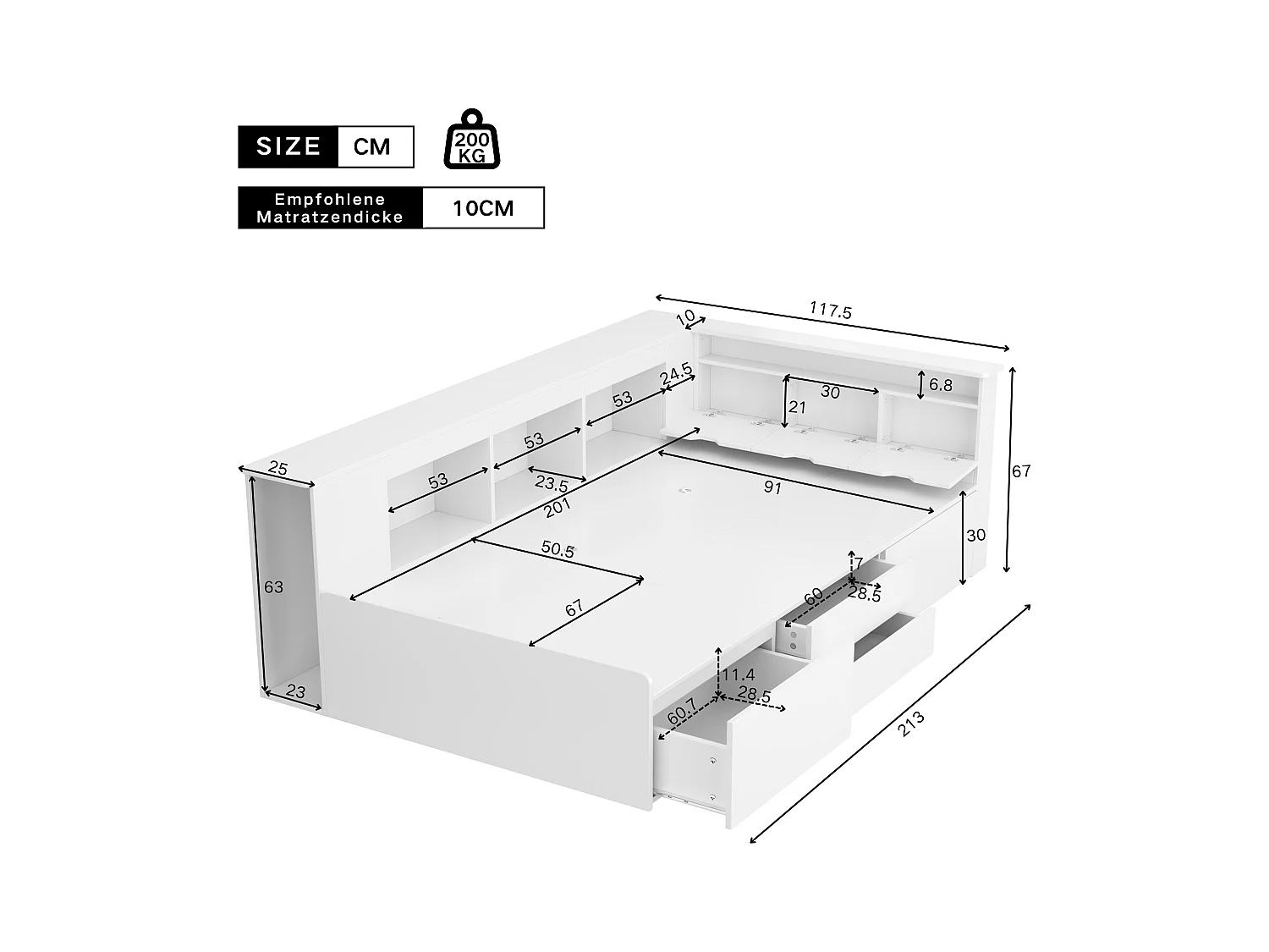 Lit d'enfant, 90 * 200cm, lit simple, lit d'enfant multifonctionnel avec tiroirs, étagères et casiers, boîte de lit avec rangement, sans matelas, blanc
