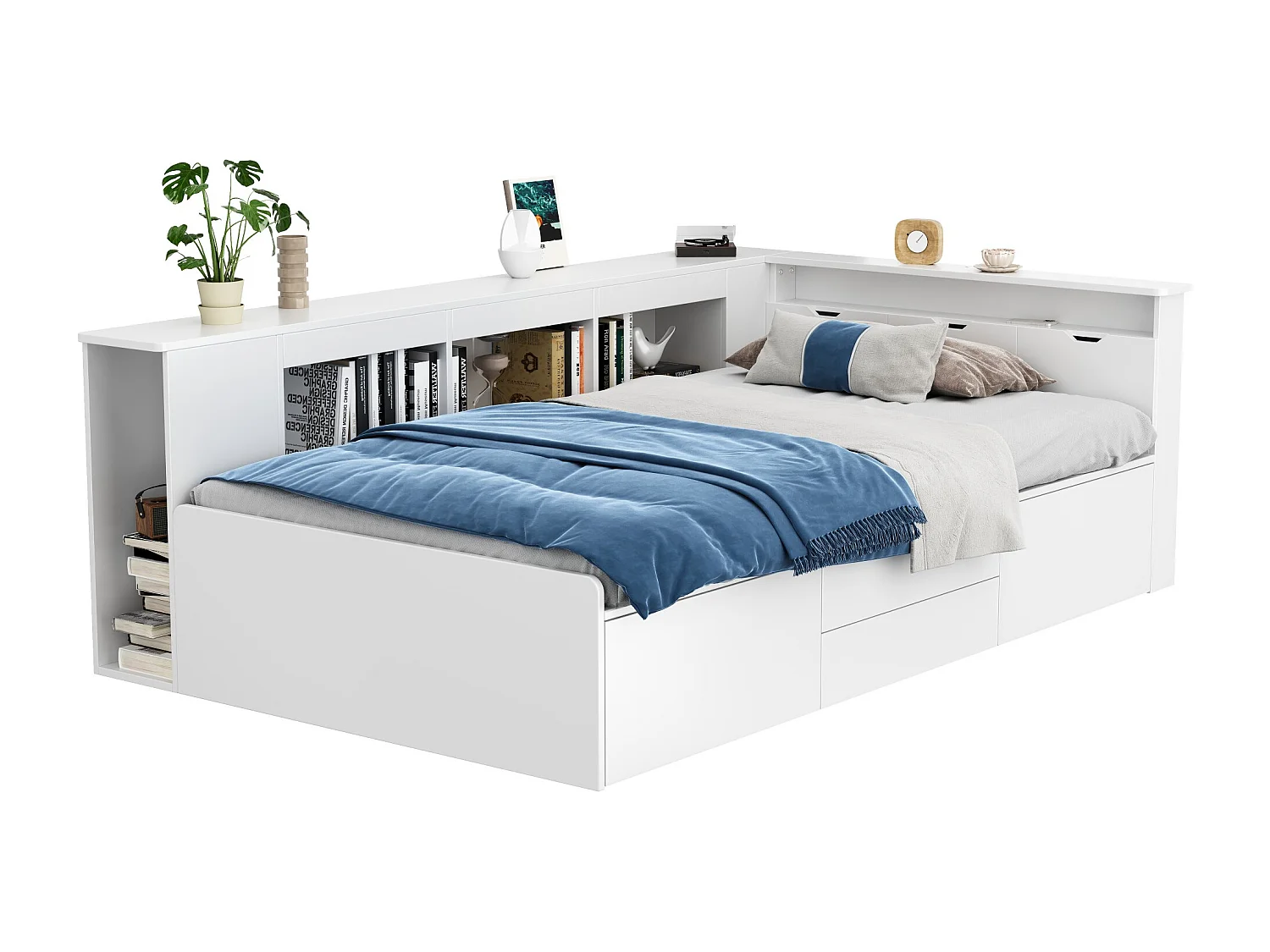 Lit d'enfant, 90 * 200cm, lit simple, lit d'enfant multifonctionnel avec tiroirs, étagères et casiers, boîte de lit avec rangement, sans matelas, blanc