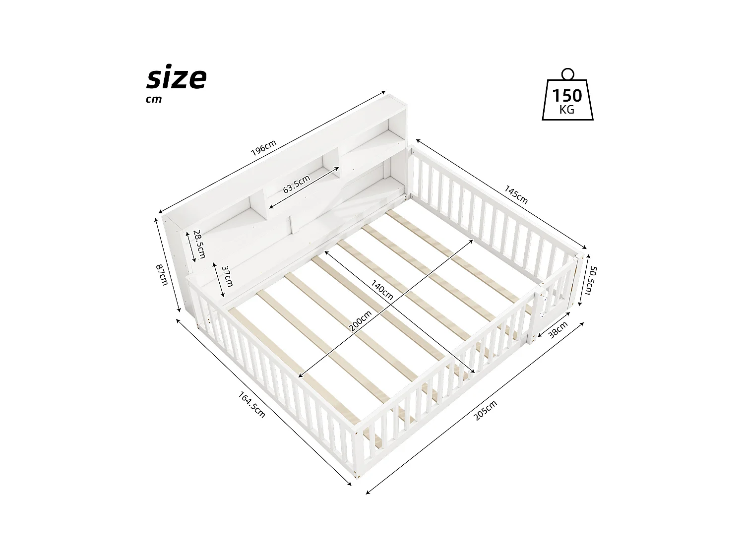 Lit au sol enfant 140x200cm avec barrière et Etagère, bois de pin blanc, sans matelas