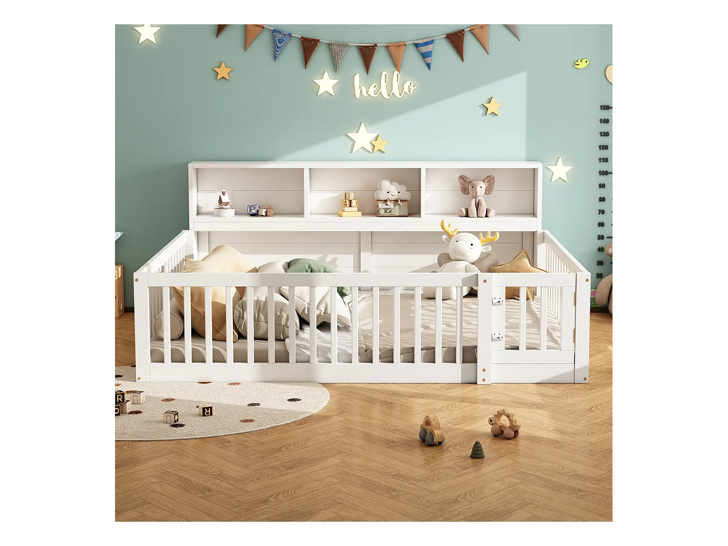 Lit au sol enfant 140x200cm avec barrière et Etagère, bois de pin blanc, sans matelas