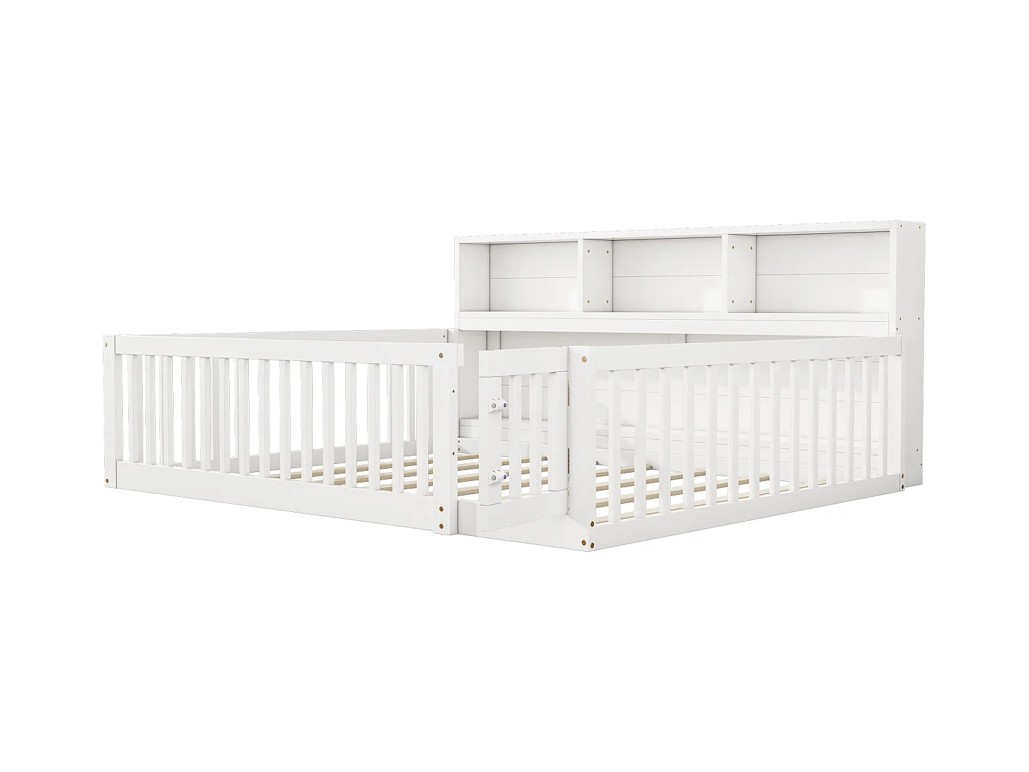 Lit au sol enfant 140x200cm avec barrière et Etagère, bois de pin blanc, sans matelas