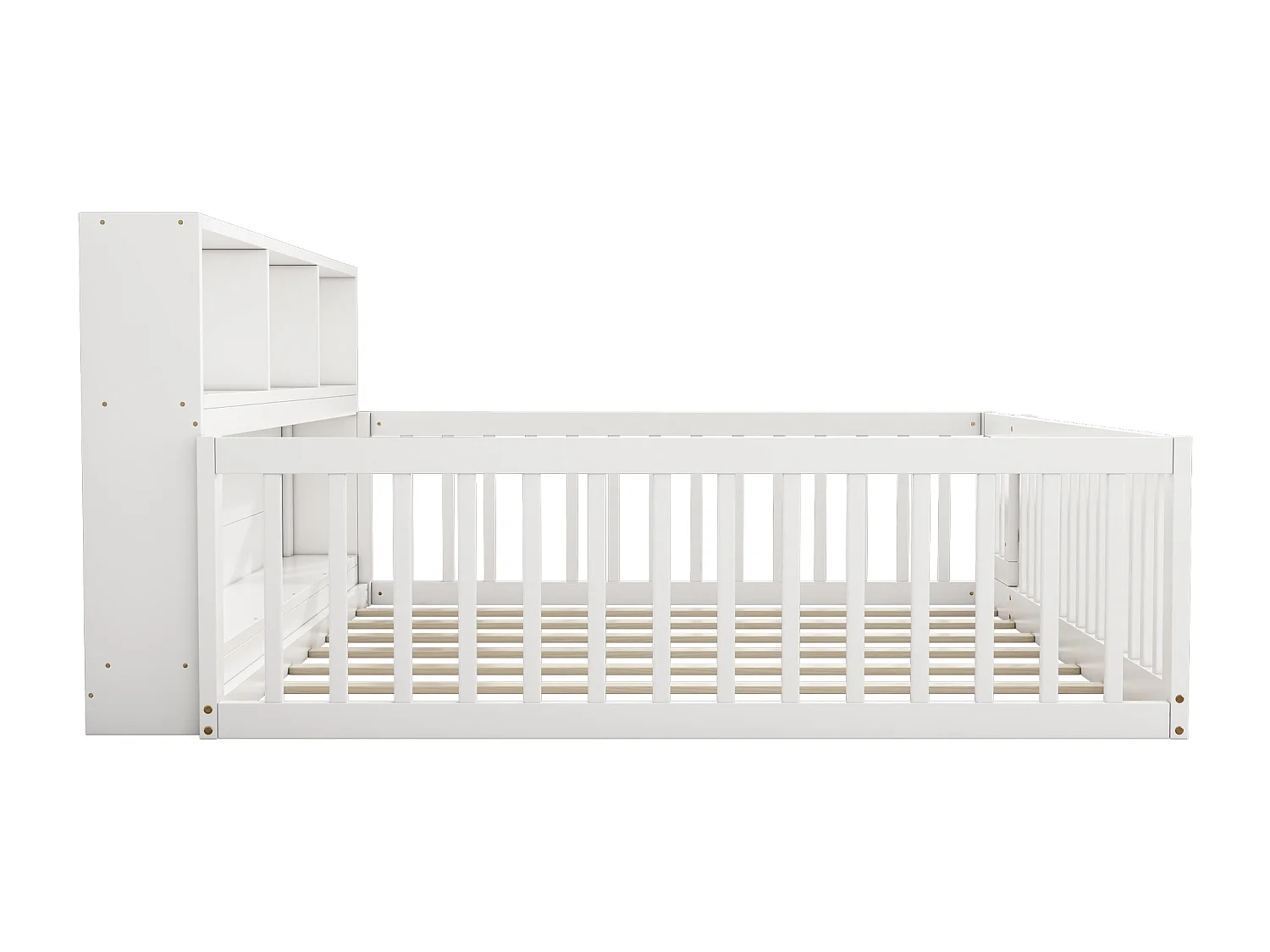 Lit au sol enfant 140x200cm avec barrière et Etagère, bois de pin blanc, sans matelas