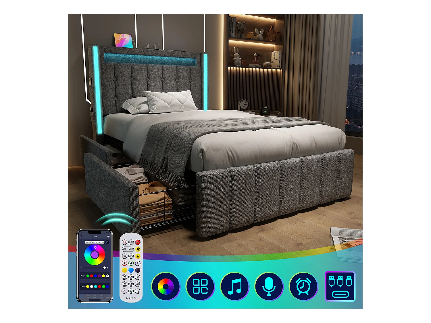 Lit adulte 90x200 cm gris avec 2 tiroirs, port USB et LED, lin, sommier à lattes, sans matelas