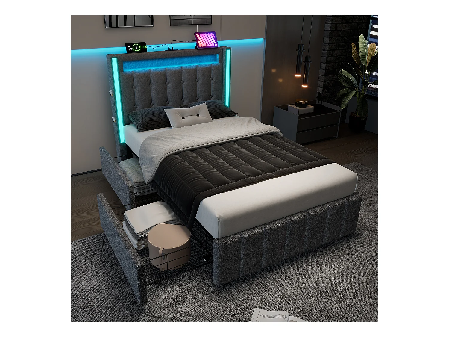 Lit adulte 90x200 cm gris avec 2 tiroirs, port USB et LED, lin, sommier à lattes, sans matelas