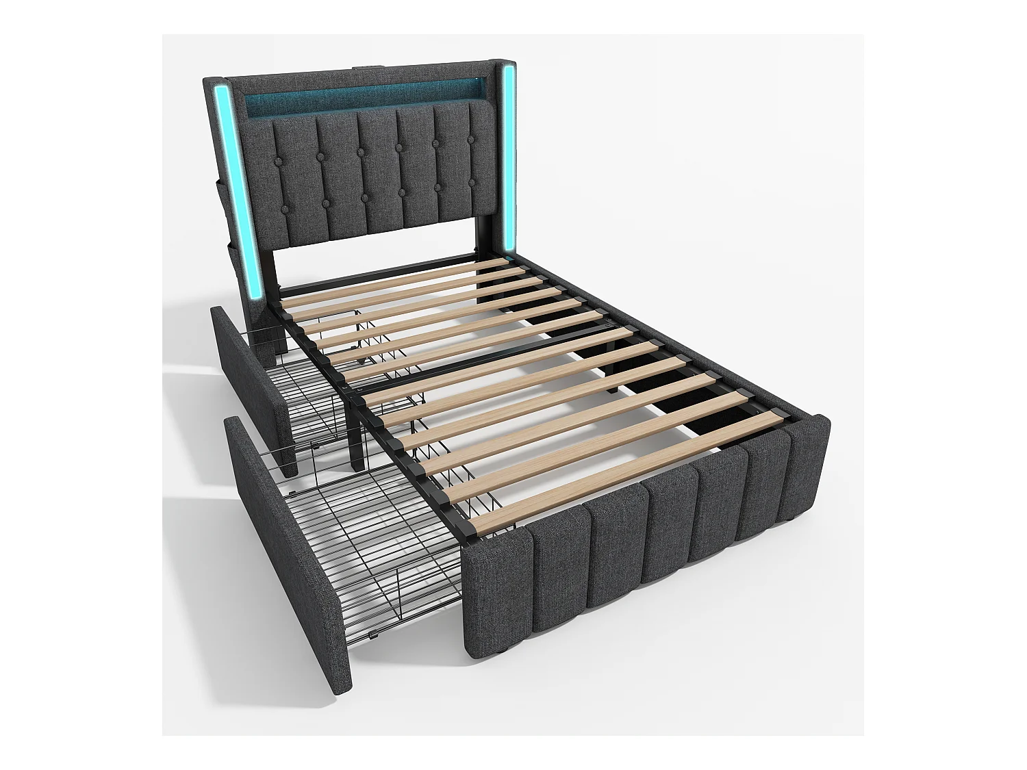 Lit adulte 90x200 cm gris avec 2 tiroirs, port USB et LED, lin, sommier à lattes, sans matelas