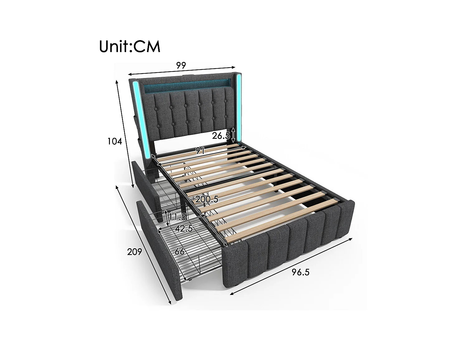 Lit adulte 90x200 cm gris avec 2 tiroirs, port USB et LED, lin, sommier à lattes, sans matelas