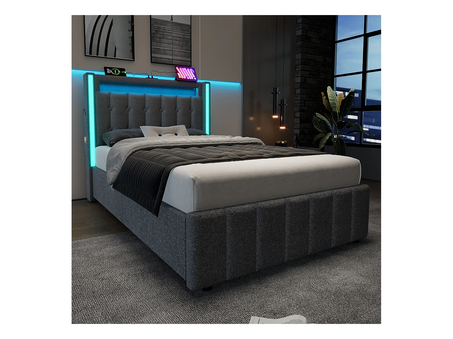 Lit adulte 90x200 cm gris avec 2 tiroirs, port USB et LED, lin, sommier à lattes, sans matelas