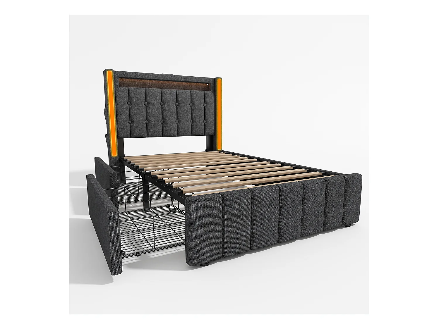 Lit adulte 90x200 cm gris avec 2 tiroirs, port USB et LED, lin, sommier à lattes, sans matelas