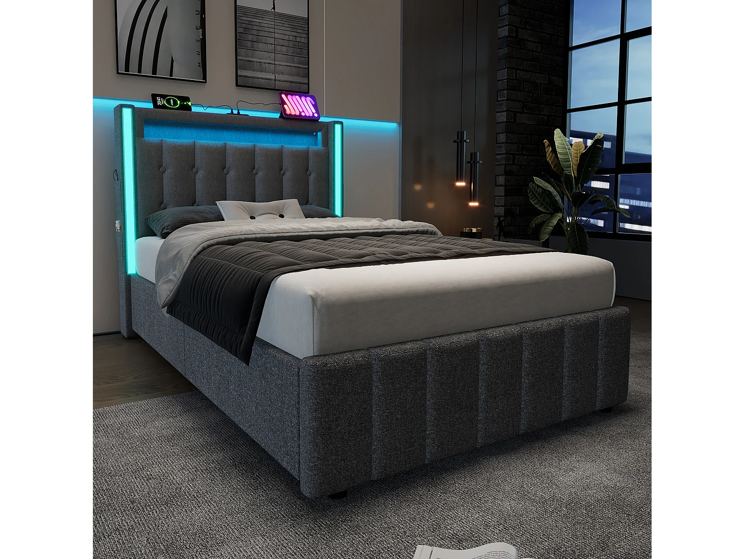 Tweepersoonsbed 90x200 cm grijs met 2 lades, USB-poort en LED-verlichting, linnen, lattenbodem, zonder matras