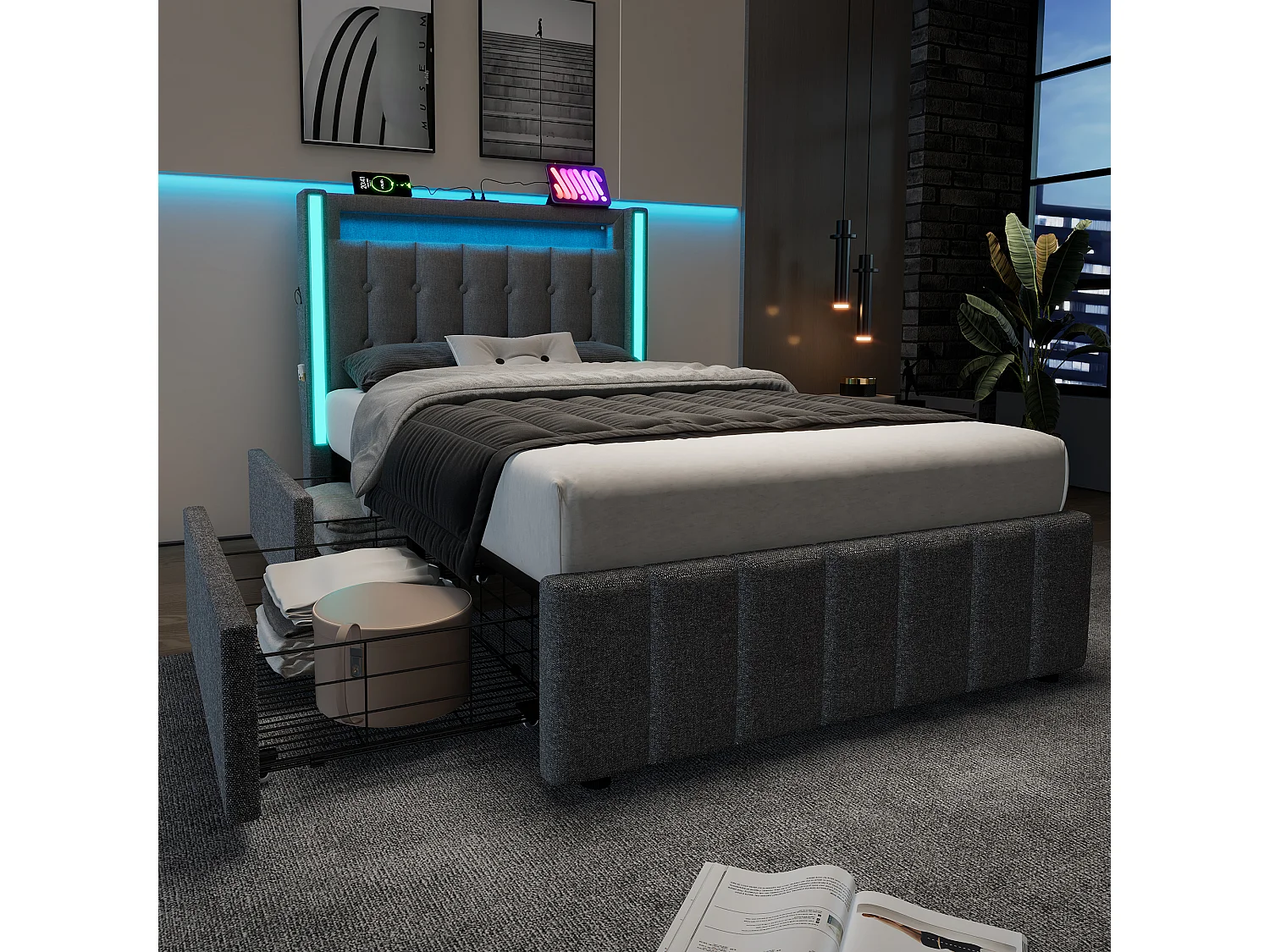 Vuxensäng 90x200cm grå med 2 lådor, USB-port och LED-belysning, linne, ribbotten, madrass ingår ej