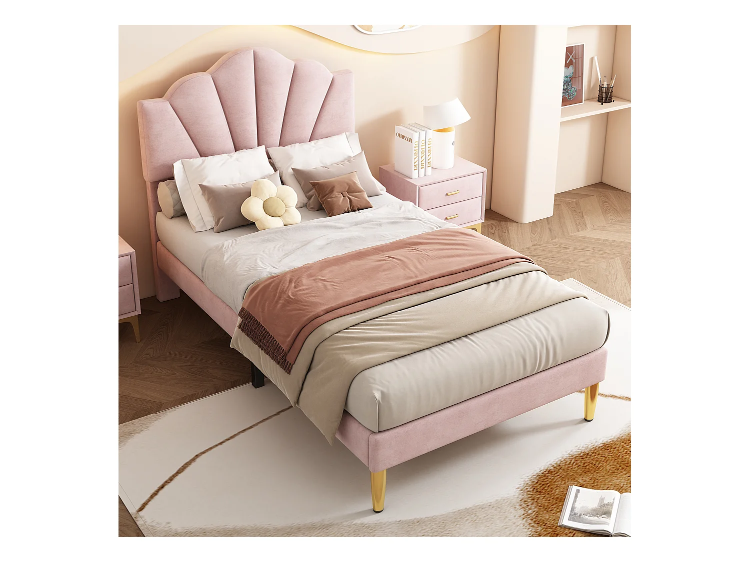 Velours, lit rembourré, 90 * 200 cm, lit en forme de coquille avec pieds en fer doré, tête de lit réglable en hauteur, grille à lattes en bois, rose