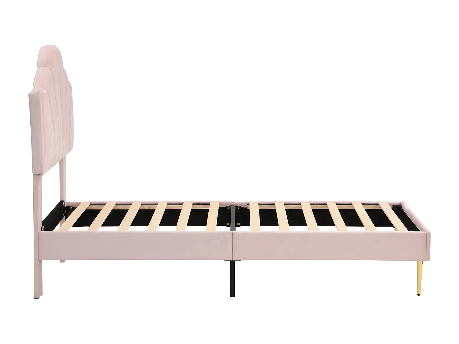 Velours, lit rembourré, 90 * 200 cm, lit en forme de coquille avec pieds en fer doré, tête de lit réglable en hauteur, grille à lattes en bois, rose