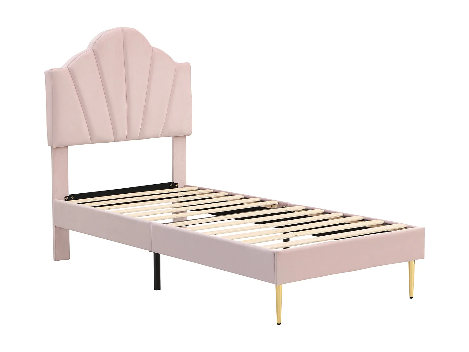 Velours, lit rembourré, 90 * 200 cm, lit en forme de coquille avec pieds en fer doré, tête de lit réglable en hauteur, grille à lattes en bois, rose