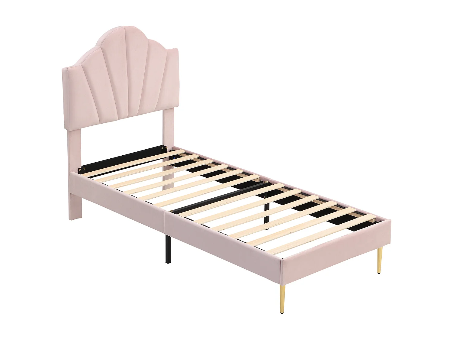 Velours, lit rembourré, 90 * 200 cm, lit en forme de coquille avec pieds en fer doré, tête de lit réglable en hauteur, grille à lattes en bois, rose