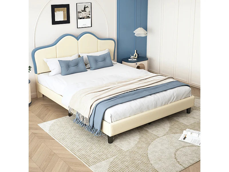 Kinderbed 140x200 cm, van wit en blauw PU, lattenbodem, zonder matras