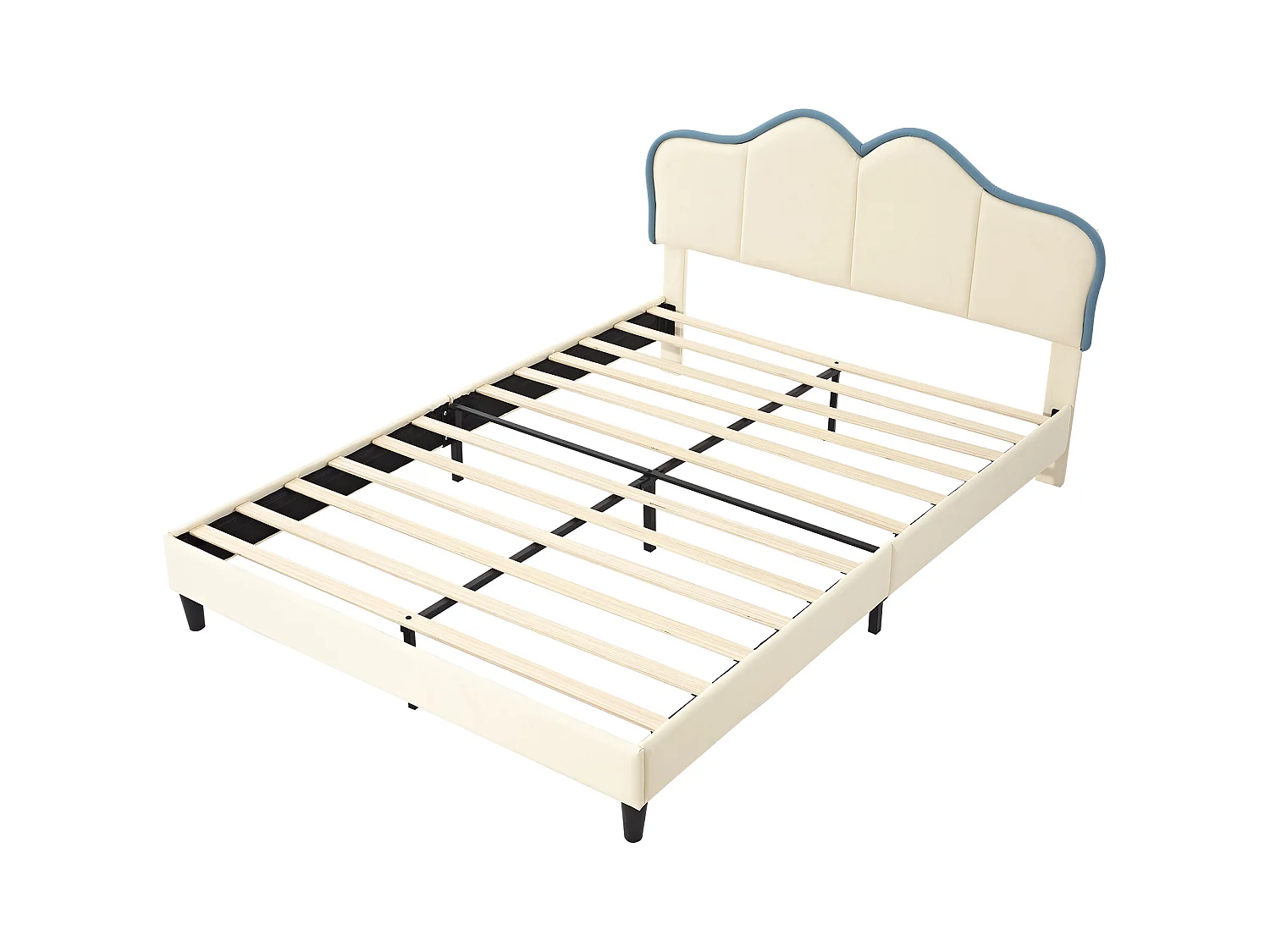 Lit enfant 140x200cm, en PU blanc et bleu, sommier à lattes, sans matelas