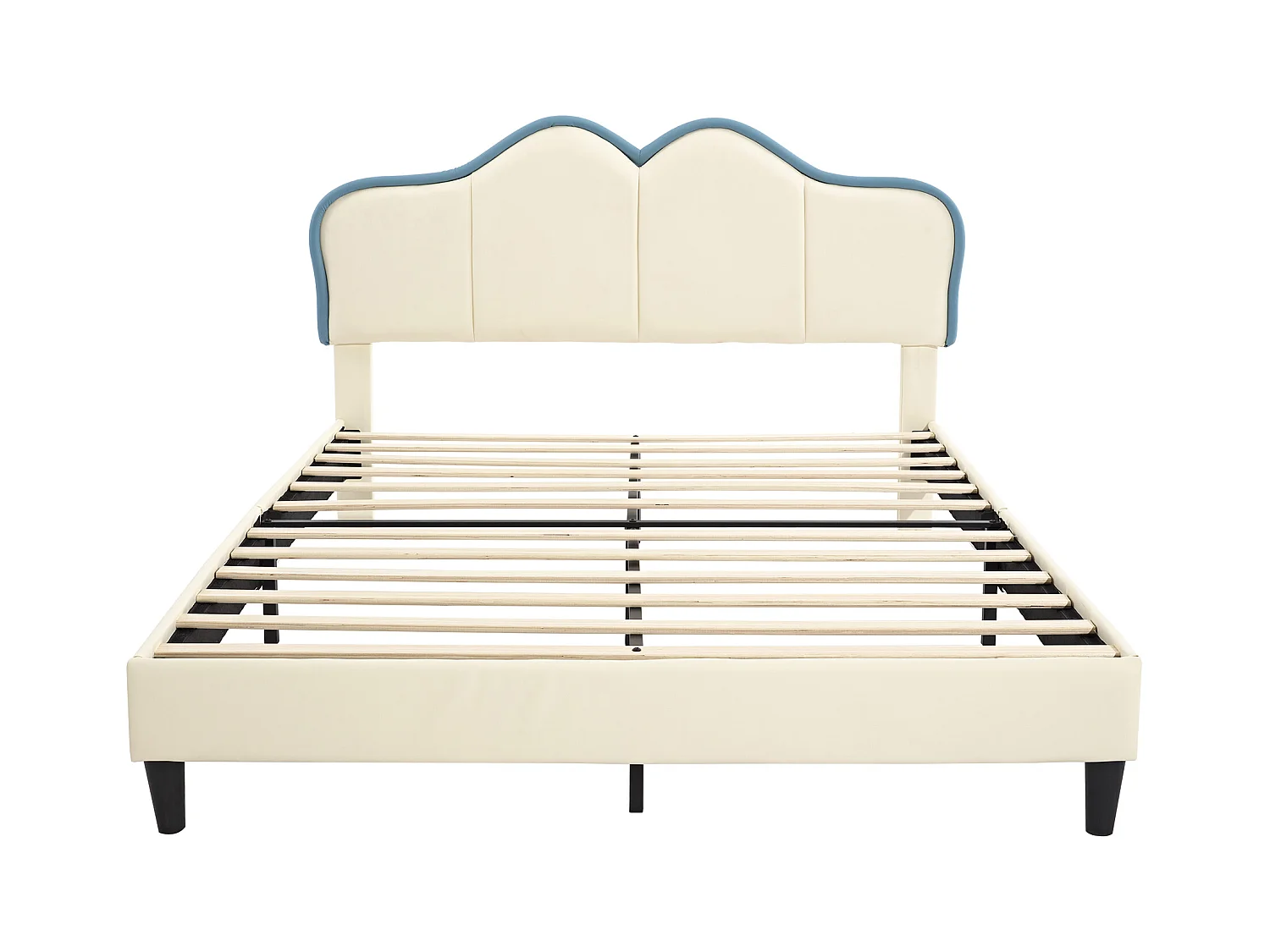 Lit enfant 140x200cm, en PU blanc et bleu, sommier à lattes, sans matelas