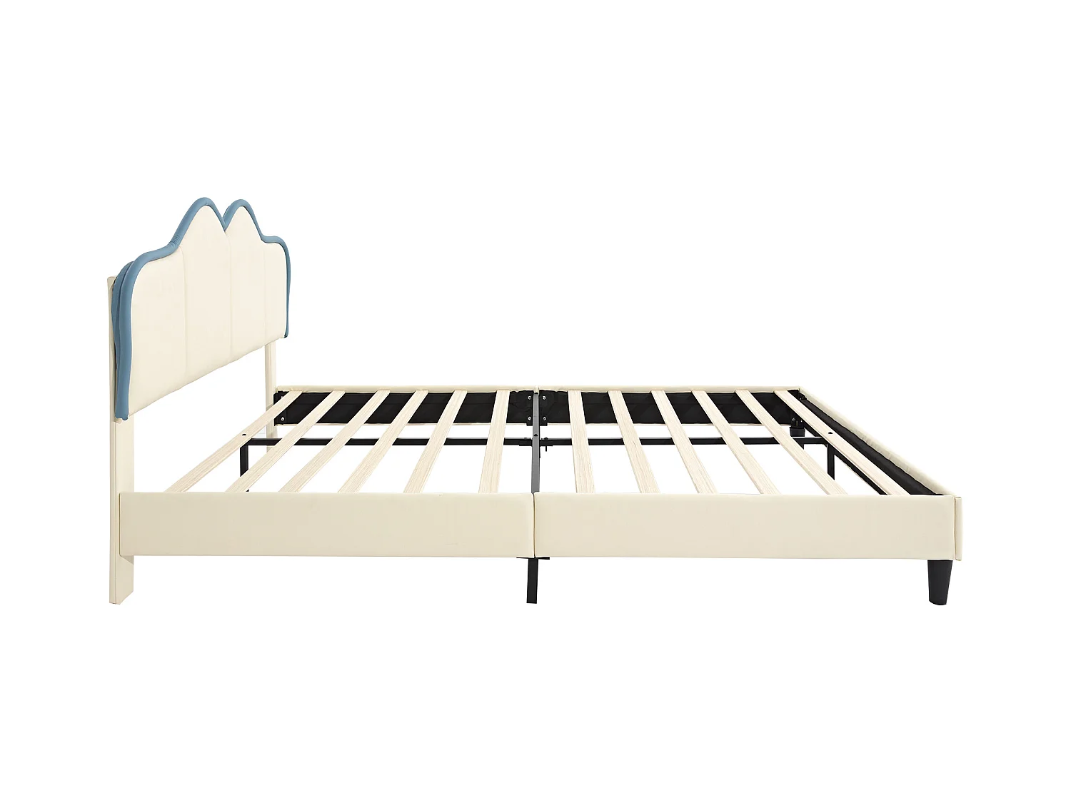 Lit enfant 140x200cm, en PU blanc et bleu, sommier à lattes, sans matelas