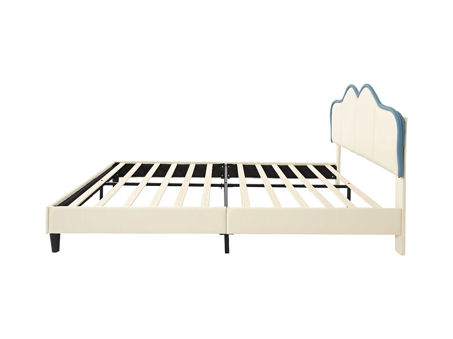 Lit enfant 140x200cm, en PU blanc et bleu, sommier à lattes, sans matelas