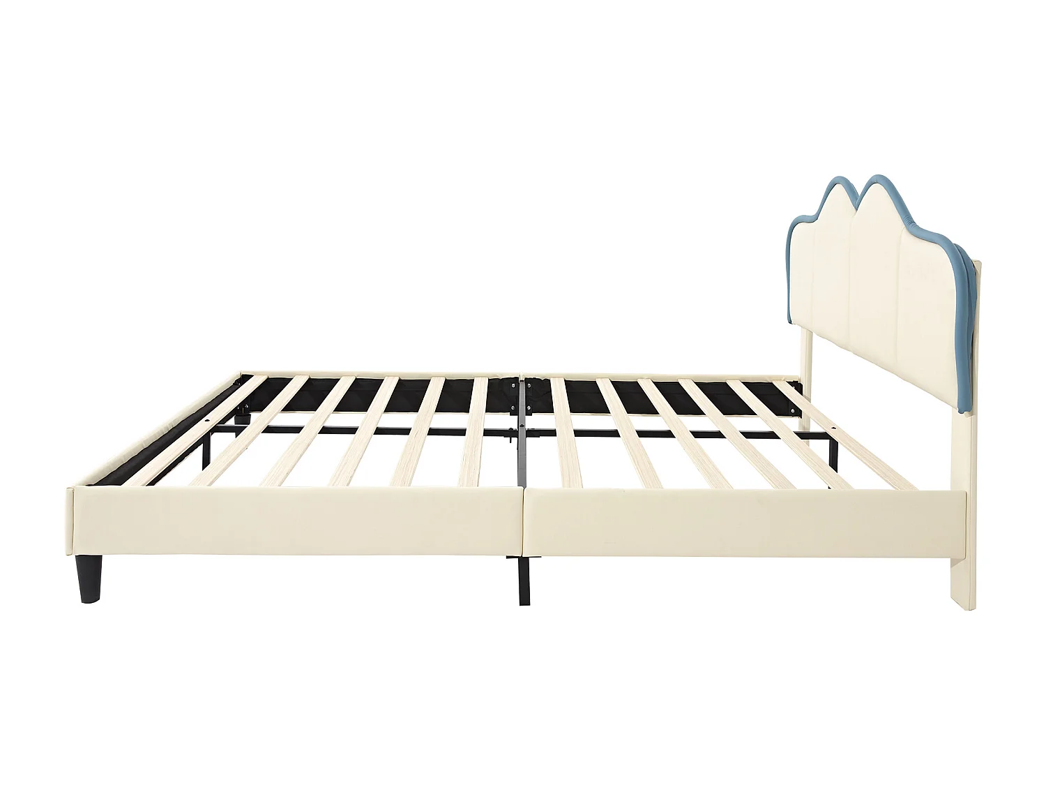 Lit enfant 140x200cm, en PU blanc et bleu, sommier à lattes, sans matelas