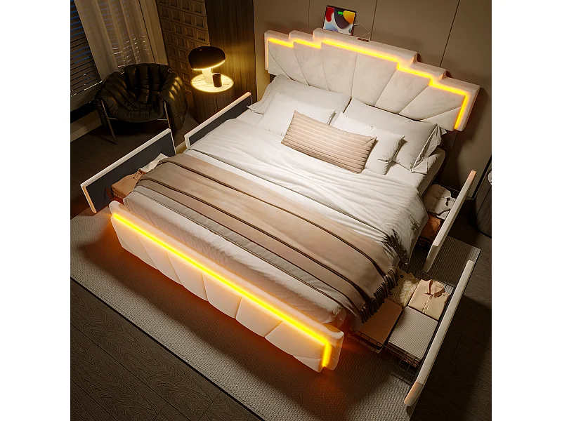 Letto per adulti 160x200 cm con 4 cassetti e porta USB tipo C, testiera regolabile, rivestito in velluto beige, senza materasso