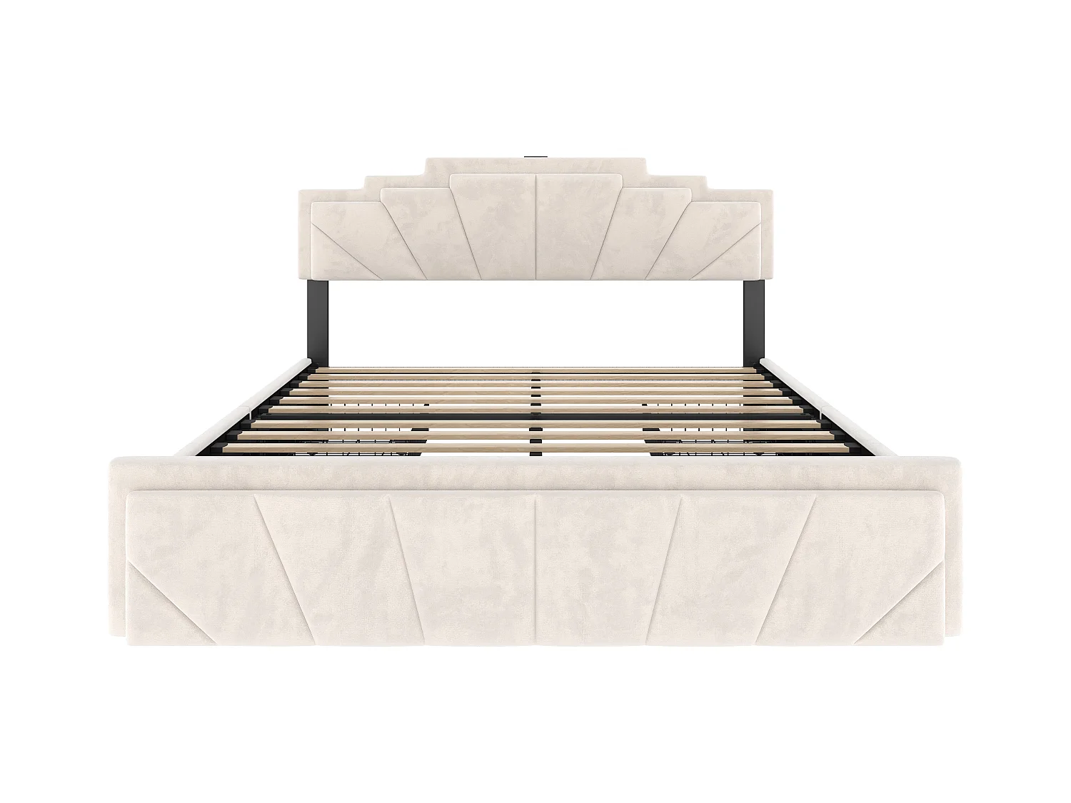 Lit adulte 160x200cm avec 4 tiroirs， LED et USB type-C, tête de lit réglable, velours beige, sans matelas