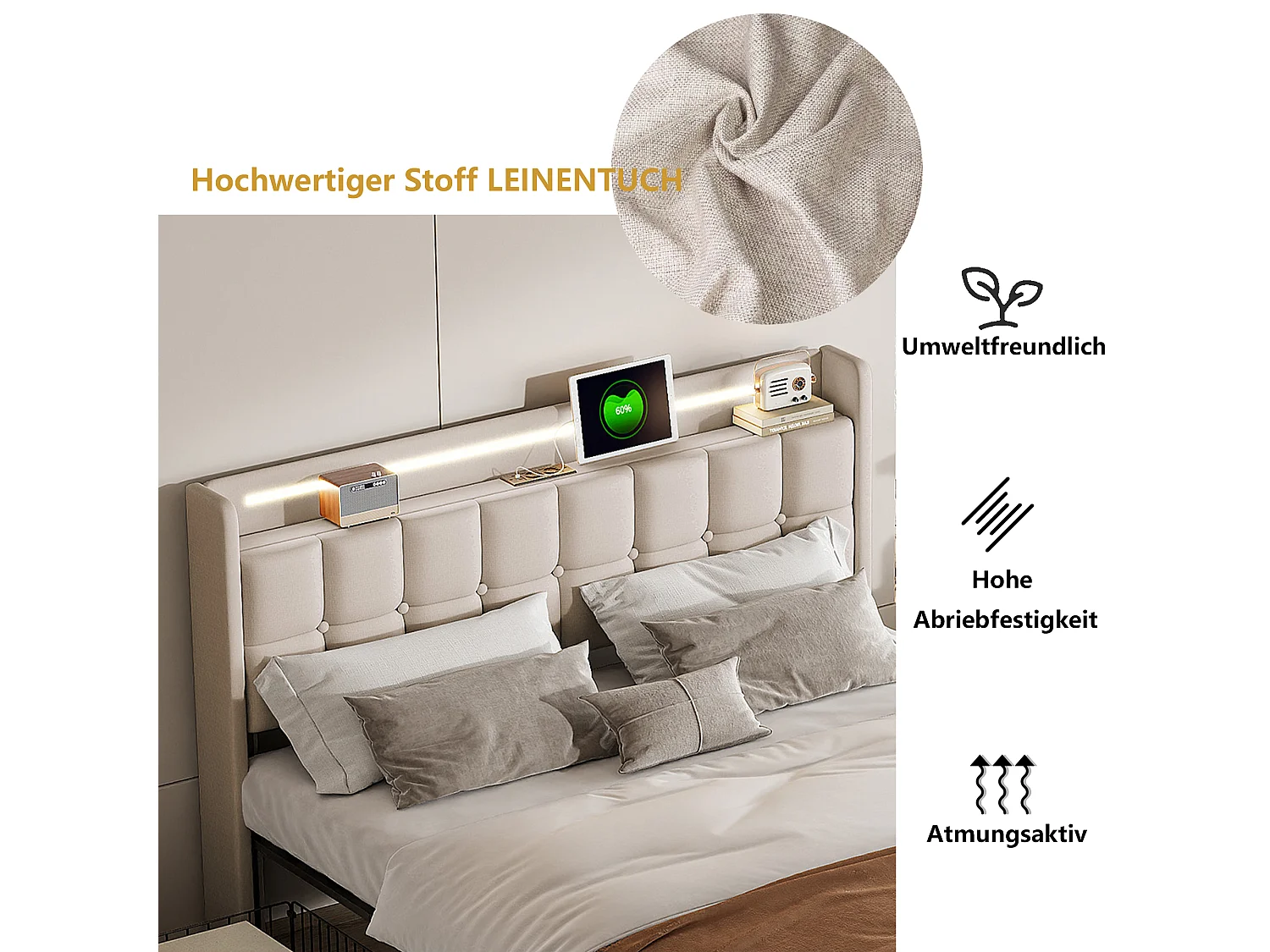 Tête de lit rembourrée avec fonction de charge USB et éclairage LED et 4 tiroirs, lit double 140x200cm cadre de lit de rangement, cadre en lattes de bois