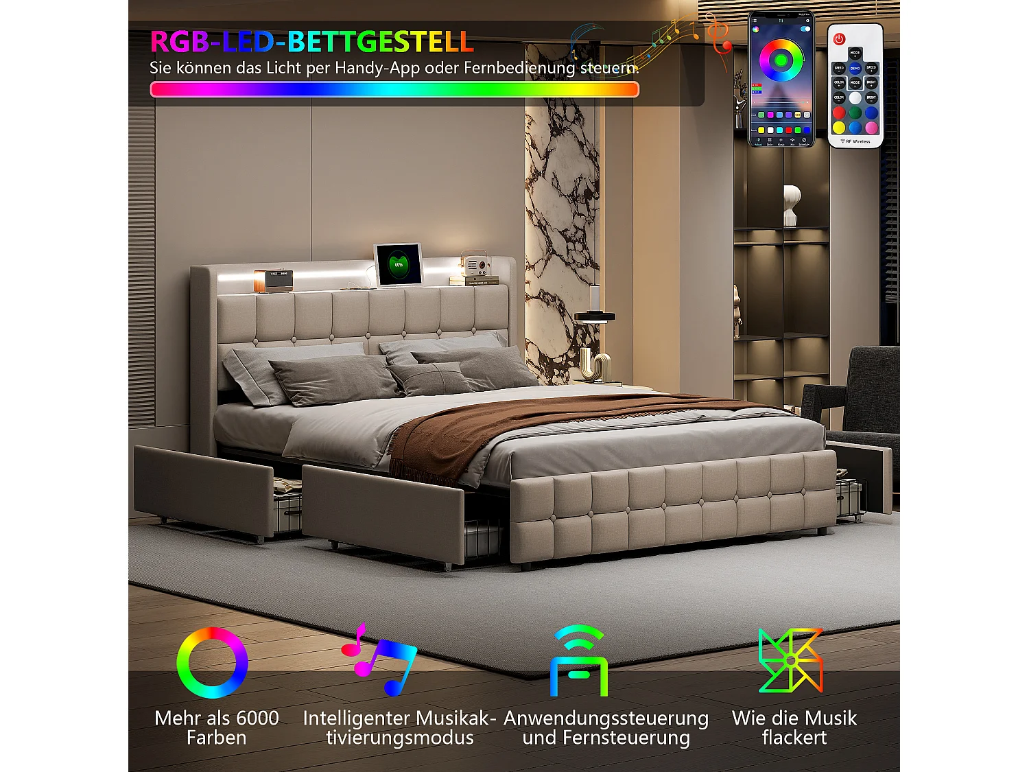 Tête de lit rembourrée avec fonction de charge USB et éclairage LED et 4 tiroirs, lit double 140x200cm cadre de lit de rangement, cadre en lattes de bois