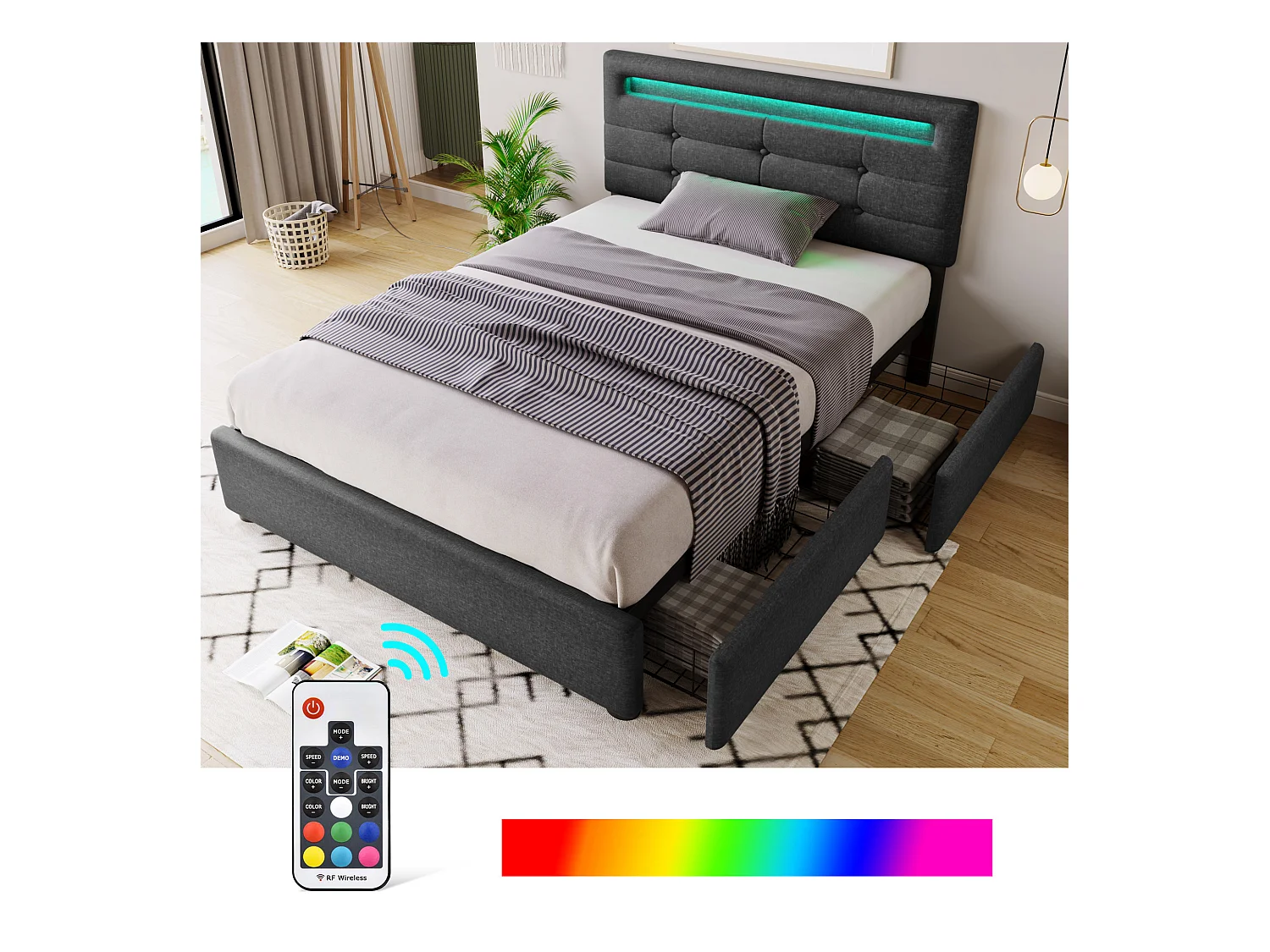 Lit adulte 90x200cm avec 2 tiroirs et LED, tête de lit réglable, lin gris, sans matelas