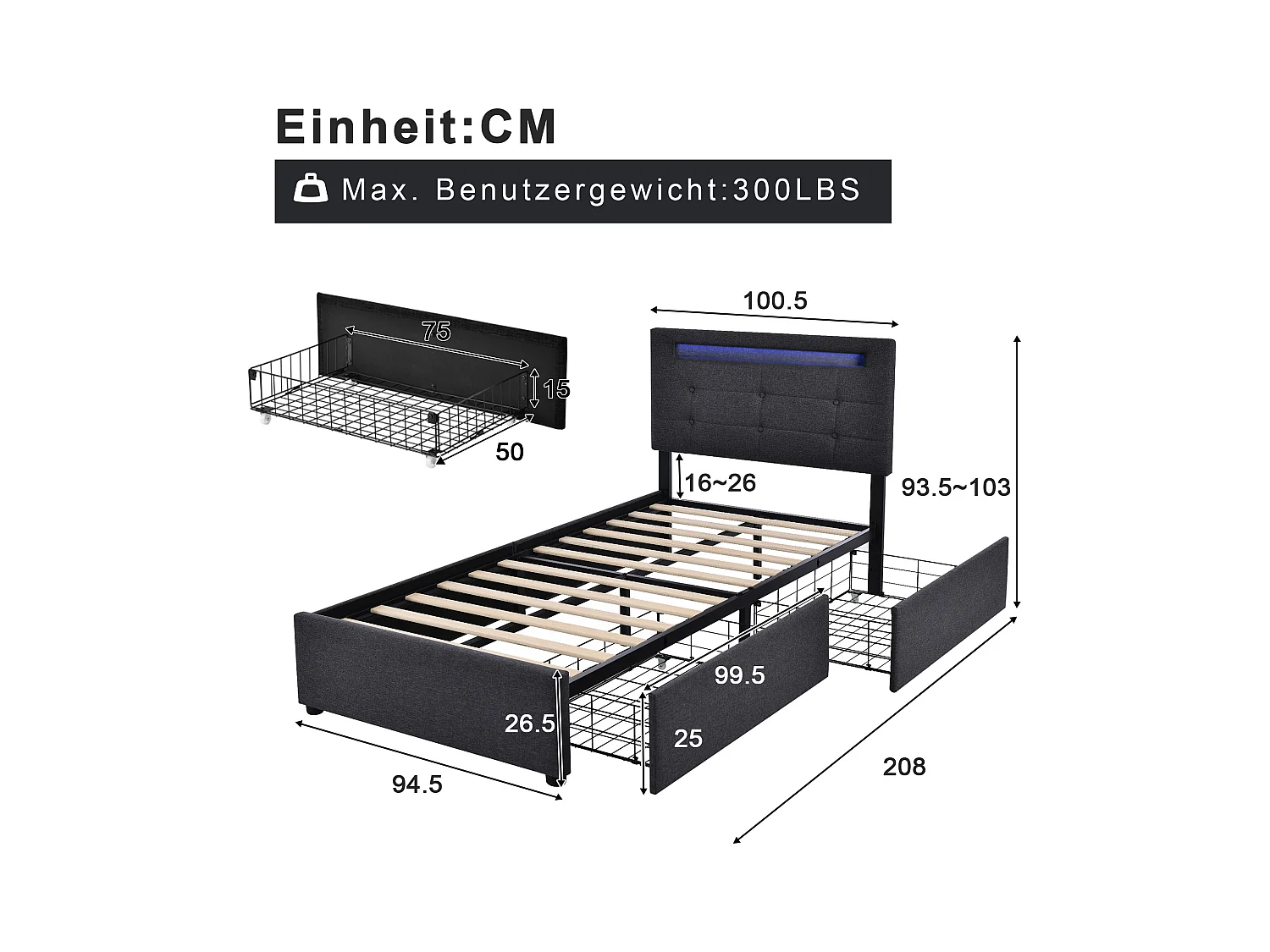 Lit adulte 90x200cm avec 2 tiroirs et LED, tête de lit réglable, lin gris, sans matelas